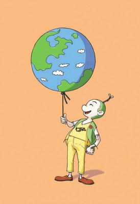 Child holding a globe balloon in a cheerful setting