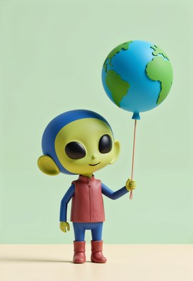 Character with globe balloon in studio setting
