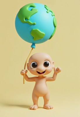Small character holding a globe with a joyful expression