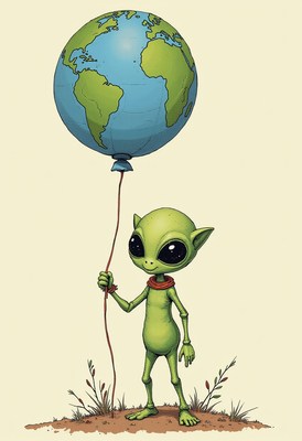 Alien holding a globe balloon stands on grassy ground