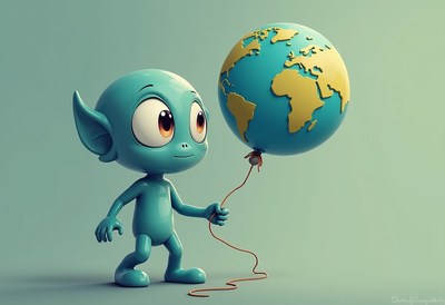 Friendly cartoon character holds globe-shaped balloon