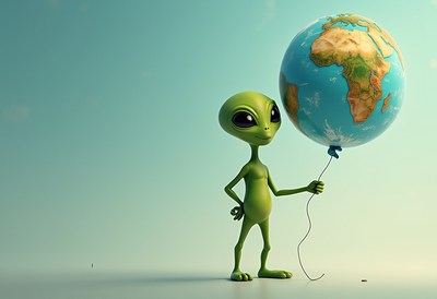 Green extraterrestrial holds earth with a cheerful balloon