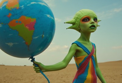Green figure holds globe in desert under cloudy sky