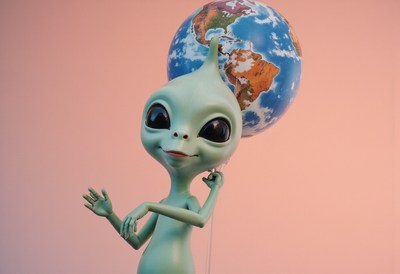 Alien with earth balloon, playful vibe