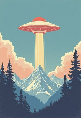 Ufo hovers over majestic mountains during twilight