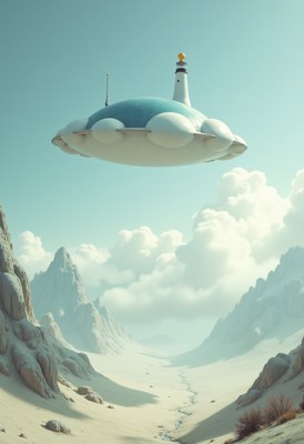 Ufo hovering over a snowy mountain valley with clouds