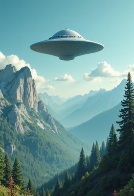 Ufo hovering over a mountain landscape during daylight