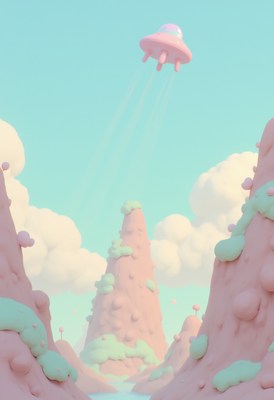 Colorful alien spaceship hovers above pastel mountains