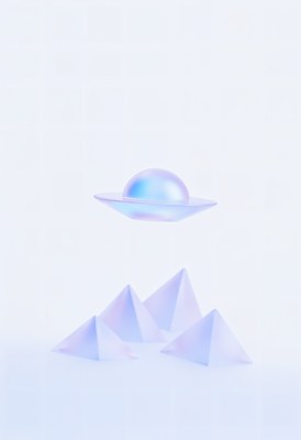 Floating ufo above white pyramids in minimalistic setting