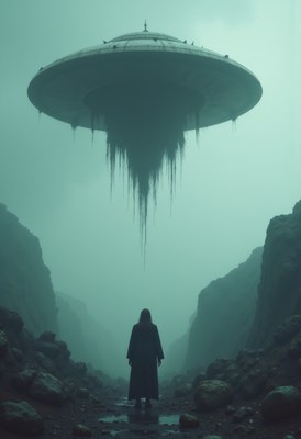 Mysterious figure stands beneath hovering spacecraft