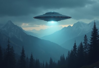 Ufo hovering over mountains during twilight hours