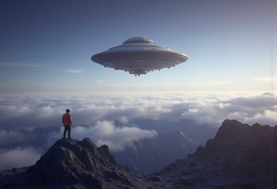 Visitor from the skies appears over mountain landscape