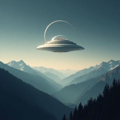 Mysterious spacecraft hovers above mountain valley at dusk