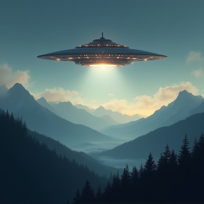 Ufo hovers over misty mountains during early morning