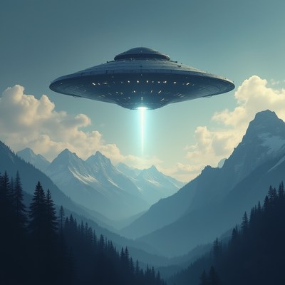 Ufo hovering over mountains with beams in twilight sky