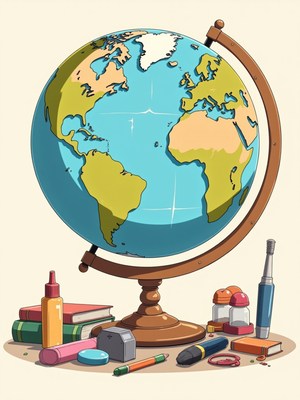 Colorful globe with school supplies on a desk