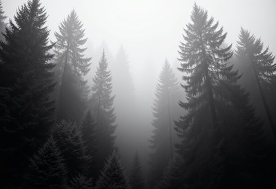 Mysterious fog envelops towering pine trees in forest