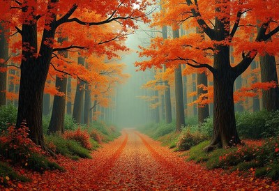 Autumn forest path with vibrant orange leaves
