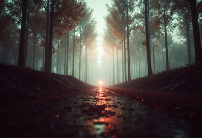 Misty autumn evening in a tranquil forest path