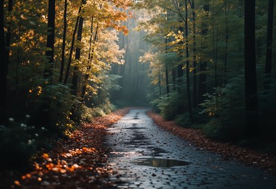 Autumn path in a quiet forest at dawn with mist