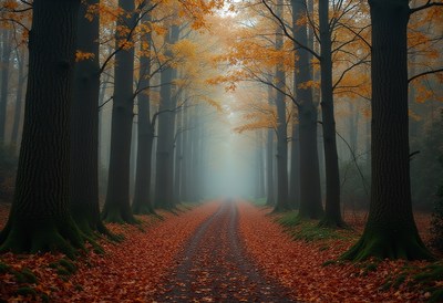 Foggy autumn path through a vibrant forest landscape