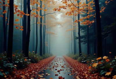 Misty forest path lined with autumn leaves