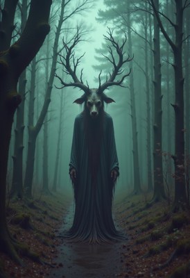 Mysterious figure stands in foggy forest with antlers