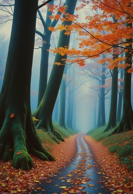 Autumn path lined with vibrant orange leaves in the forest