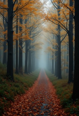 Autumn walk along a misty forest path