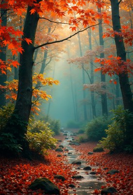 Bright autumn foliage in a serene forest pathway