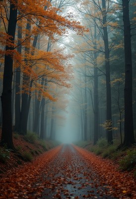 Autumn fog envelops a tranquil forest path