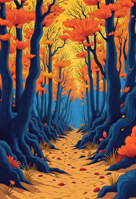 Colorful autumn trees lining a serene forest path