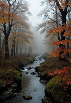 Autumn landscape with fog and flowing stream in a forest