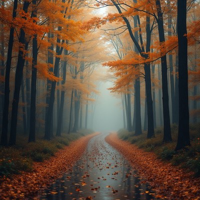 Autumn forest path surrounded by vibrant orange foliage