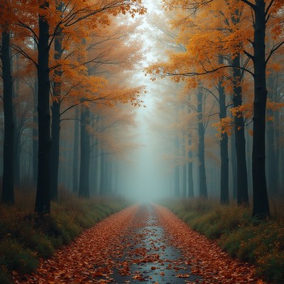 Autumn forest path shrouded in mist and falling leaves