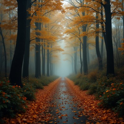 Autumn path through a misty forest in the afternoon