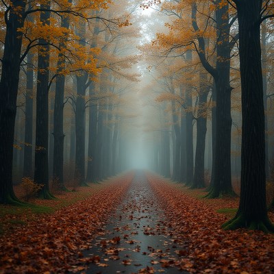 Fog-covered pathway in autumn forest