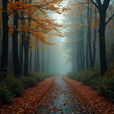 Misty autumn pathway surrounded by orange leaves