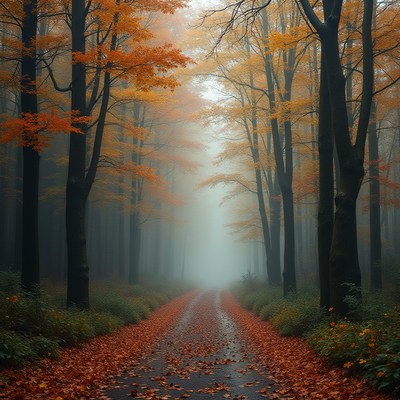 Misty autumn forest road with orange leaves