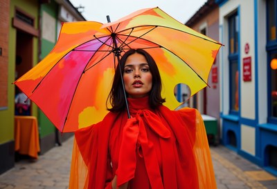 Vibrant fashion shoot in colorful street with umbrella