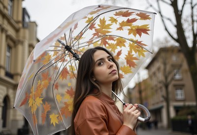 Woman holding an umbrella with autumn leaves outdoors