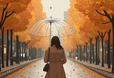 Woman walking with umbrella on autumn street