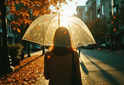 Walking under an umbrella on a sunny autumn day