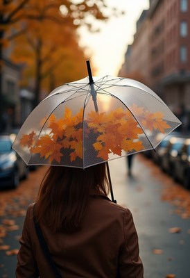 Umbrella filled with autumn leaves on a city street