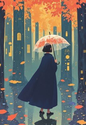 Person walking with umbrella under autumn trees