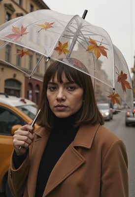 Woman with clear umbrella decorated with leaves in city