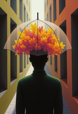 Umbrella filled with autumn leaves in urban alleyway