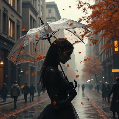 Elegant silhouette with umbrella on a rainy autumn day