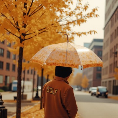 Walking under a decorated umbrella in a golden autumn street