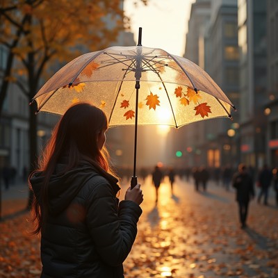 Umbrella with autumn leaves during sunset in the city